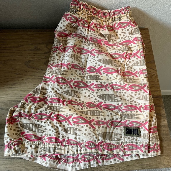 Vintage SIDEOUT Swim Trunks L Abstract Fish Print Hawaiian Board Shorts Pink Tan - Picture 5 of 6